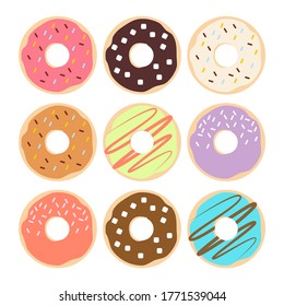 isolated set of 9 different donuts