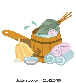 Un conjunto aislado de accesorios para la bañera y la sauna, tratamientos de spa. Productos de higiene. escoba de pájaro, jabón, barril, gorra de baño, peine, toallas, vaina. Remedios populares para la mejora del hogar Diseño plano vectorial