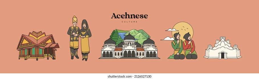 Isolated Set Aceh Illustration. Hand drawn Indonesian cultures background svg