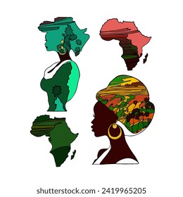 Isolated set of African map. African women in a pattern.