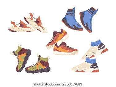 Isolated set of athletic sneakers shoe pair fitness sport footwear collection vector illustration