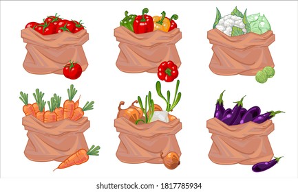 Isolated set of bags in different vegetables. Sacks of cabbage, carrots, tomatoes, onions, eggplants and peppers.Icons bags with vegetables. hand drawn vector illustration isolated on white background