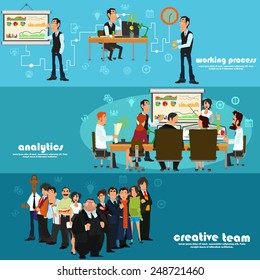 isolated set of banners: Office working process, analytic results presentation and creative team. vector illustration of a flat style.