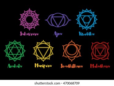 Isolated Set of beautiful indian ornamental chakras. Vector illustration. Color yoga chakra icons isolated on black. 7 geometric chakra mandalas. Sacred Geometry.