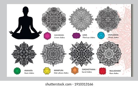 Isolated Set of beautiful ornamental 7 chakras