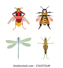 Un conjunto aislado de abejas, avispones, saltamontes y libélula. Caracteres planos sobre un fondo blanco. Personajes de caricatura. Impresión sobre artículos y ropa.