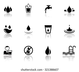 isolated set of black water icons with mirror reflection silhouette