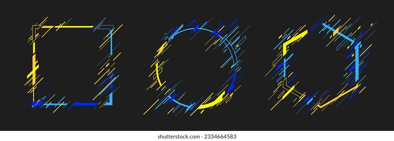 Isolated set of blue-yellow frames in circle, square, and hexagon form on dark background. Thin line neon-colored shapes. Design elements in colors of freedom. Technological glitch effect. Vector art