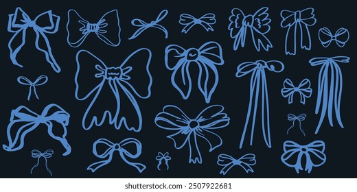 Isolated set of bows and blue ribbons on a dark background. Outline vector with ribbons and ties. Trendy design.	