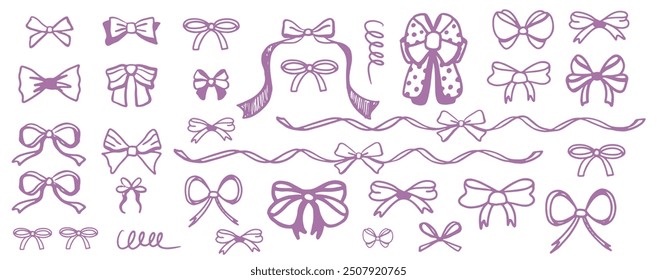 Isolated set of bows and pink and purple ribbons on white background. Outline vector with ribbons and ties. Trendy design.	
