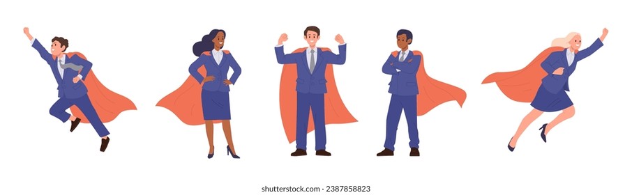 Isolated set of business people superhero cartoon characters wearing red capes on white background