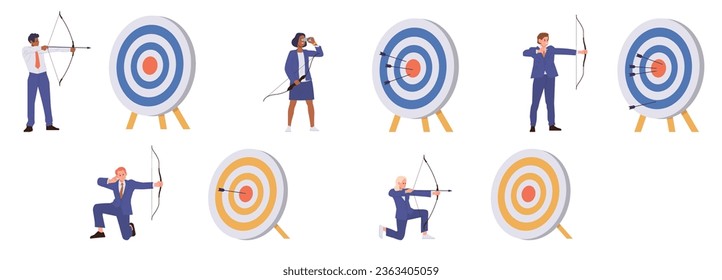 Isolated set of businesspeople cartoon character aiming darts target with arrow for goal achievement