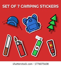 Isolated set of camping  or hiking doodle stickers, icon perfect for summer camp. Knife, tent, backpack, tree, cream, lighter and spray in one set. Eps 10 vector