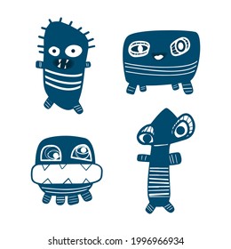 Isolated set cartoon blue monster split outline,vector cartoon,alien monster illustration.