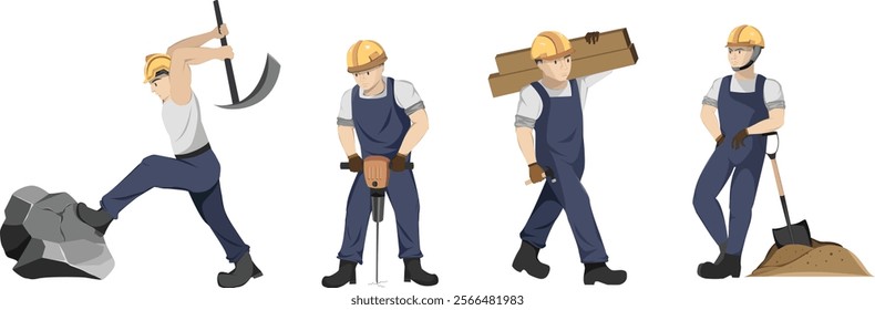 Isolated Set of characters of labor working. builders in uniform and helmet. Flat design, vector and color CMYK.