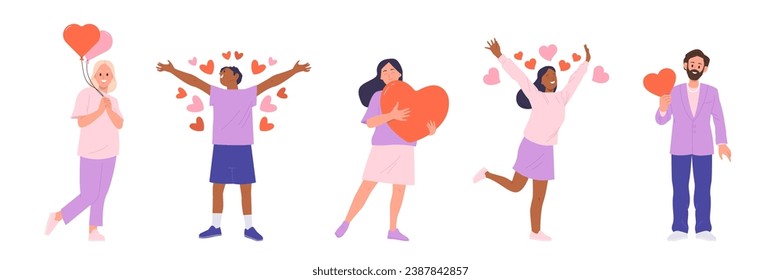 Isolated set of charming people cartoon characters falling in love feeling happiness and amorousness