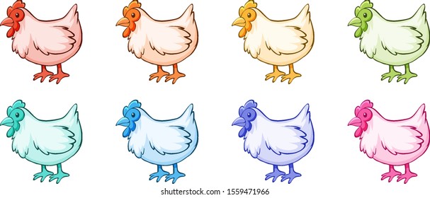 Isolated set of chicken in many colors illustration
