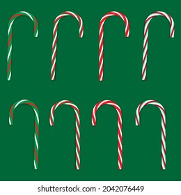 Isolated set of christmas candy canes on green background. Sweet time. Decoration art. Vector illustration. Stock image.