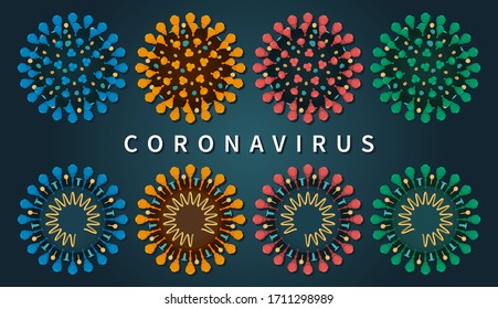 Isolated set of close-up flat vector illustrations of COVID-19 internal and external structure. Coronavirus options are blue orange red and green on dark blue background.