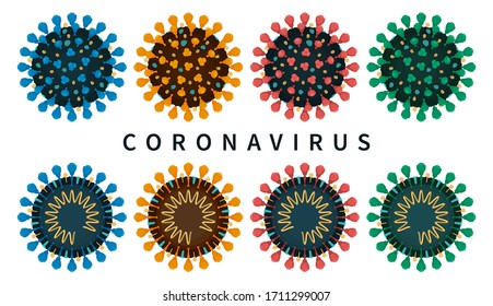 Isolated set of close-up flat vector illustrations of COVID-19 internal and external structure. Coronavirus options are blue orange red and green.