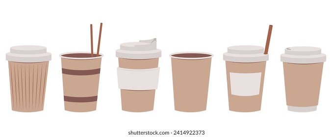 Conjunto aislado de recipientes de papel para taza de café se llevan con paja de bebida al estilo de caricatura con pegatina vacía.