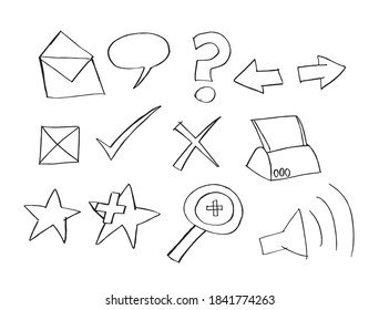 Isolated set, collection of hand drawn icons, web navigation. Vector illustration.