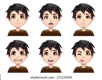 Isolated Set Of Color Cartoon Boy Avatar Expressions 