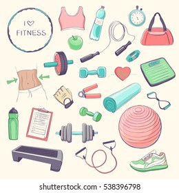 Isolated set of colored sketches fitness accessories and equipment. 