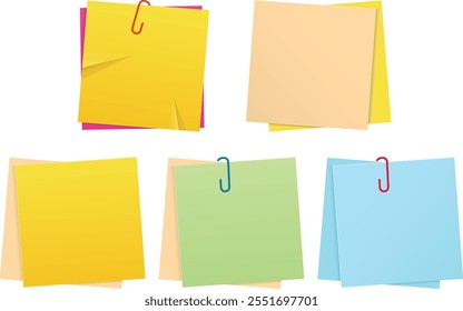 Isolated set of colored Sticky notes with paperclip in flat style. Vector illustration