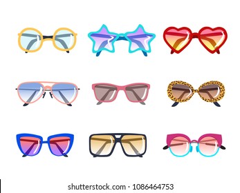 isolated set of colored sunglasses. Fashion lens sunglasses, illustration of summer accessory.