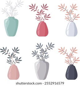 Isolated set of colored vases with flowers in flat style. Minimalist vector illustration.