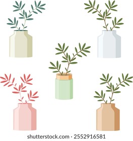 Isolated set of colored vases with flowers in flat style. Minimalist vector illustration.