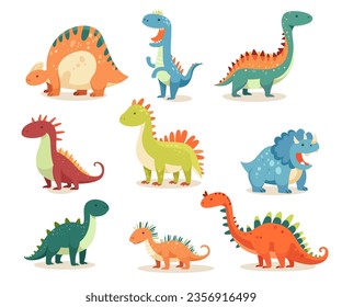 Isolated set of colorful funny baby dinosaurs cartoon jurassic mascot character vector illustration. Cute little and big fantasy creatures, magic monster, childish dino, wild predator collection