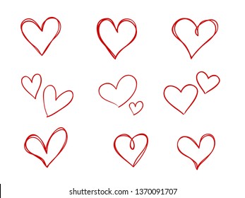 isolated set of coloring childish hand drawn red heart symbols  line art vector design