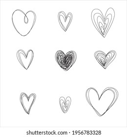 isolated set of coloring childish hand drawn heart symbols line art vector design