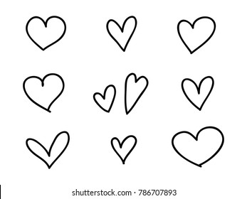 isolated set of coloring childish hand drawn heart symbols  line art vector design