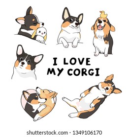 Isolated set with corgis on white background. Vector illustration 