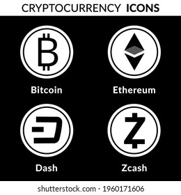 Conjunto aislado de iconos criptodivisa en un fondo negro. Ropa, monero, dogecoina y litecina. Símbolos para ui, web, diseños de medios sociales. Monedas de oro con símbolo criptodivisa.