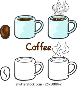 Isolated set of a cup of coffee and coffee beans with inscription