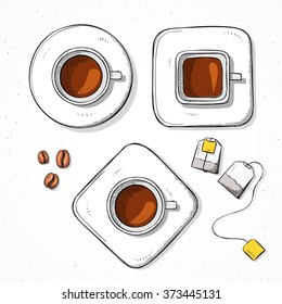 Isolated set cups, coffee bean, tea bag handmade in sketch style. Sketch of Tea Party. Cups for design cards and posters, collage and presentations, web design, background. Retro design. Vintage style