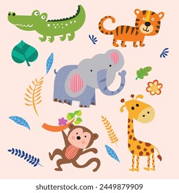 Isolated set with cute  animals in cartoon style. Ideal kids design, for fabric, wrapping, textile, wallpaper, apparel