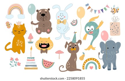 Isolated set with cute animals and mushrooms, cake,flowers.Perfect design for children, for fabric, packaging, textiles, wallpaper, clothing.