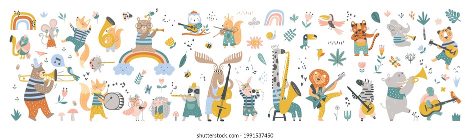 Einziger Satz mit süßen Tieren, die auf verschiedenen Musikinstrumenten im skandinavischen Stil spielen. Cartoon-Tiere spielen Musik. Ideal für Kinder Design, für Stoff, Umhüllung, Textilien, Tapeten, Bekleidung