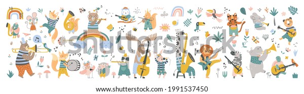 Isolated set with cute animals playing on
different music instruments in Scandinavian style. Cartoon animals
playing music. Ideal kids design, for fabric, wrapping, textile,
wallpaper, apparel