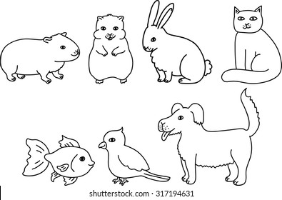 Isolated set of cute cartoon hamster, guinea pig, rabbit, dog, cat, parrot, goldfish