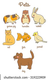 Isolated set of cute cartoon pets. Hamster, guinea pig, rabbit, dog, cat, parrot, goldfish