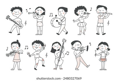 Isolierter Satz von niedlichen Kindern, die verschiedene Musikinstrumente spielen. Noten, Musik. Kinder-Design. Vektorgrafik Doodle Illustration