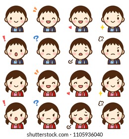 Isolated set of cute elementary school student boy & girl avatar expressions