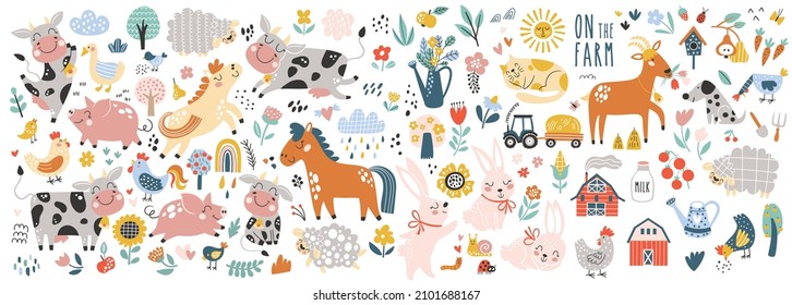 Isolated set and cute farm animals in cartoon style  Ideal kids design  for fabric  wrapping  textile  wallpaper  apparel
