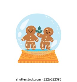 Isolated set of cute and funny winter gingerbread man cookies inside the snowball for Christmas